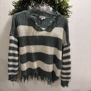 Macaron Women's V-Neck Sweater XL Striped, Acrylic, Pullover, Fringed Edge